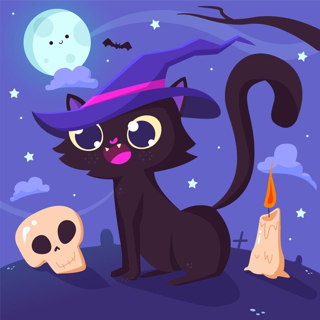 Hand getekende platte halloween kat illustratie