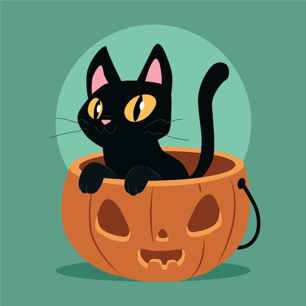 Hand getekende platte halloween kat illustratie