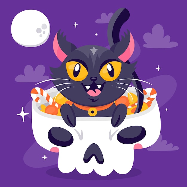 Hand getekende platte halloween kat illustratie