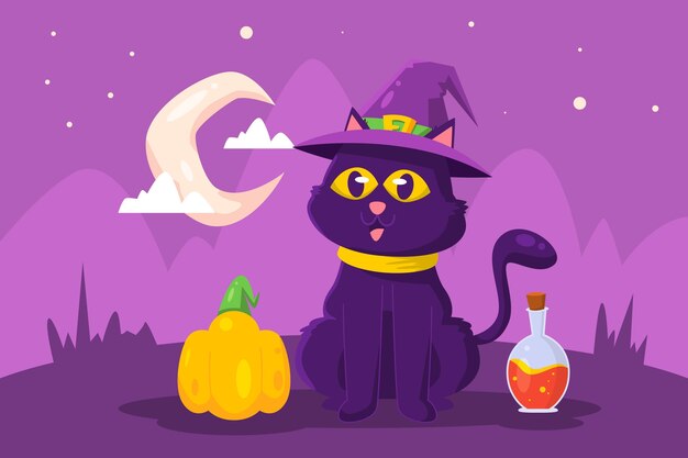 Hand getekende platte halloween kat illustratie