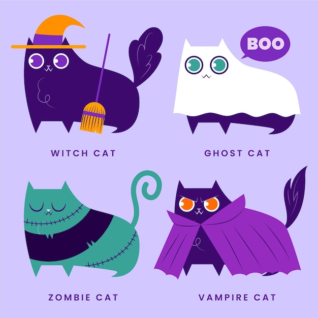 Gratis vector hand getekende platte halloween katten illustratie