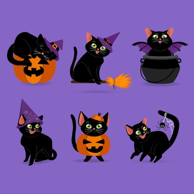 Hand getekende platte halloween katten illustratie
