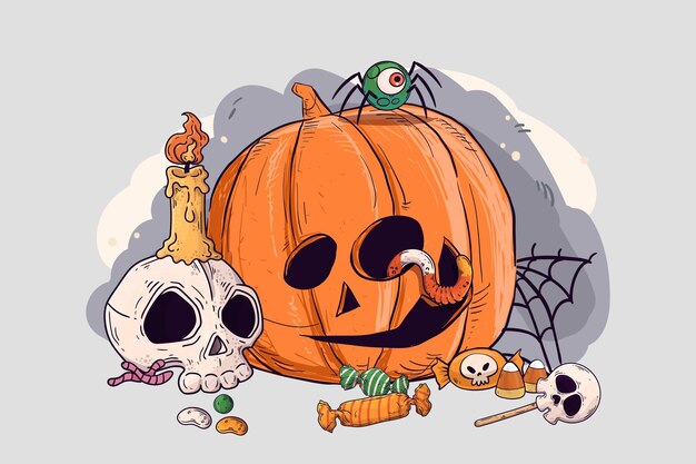 Hand getekende platte halloween pompoen illustratie