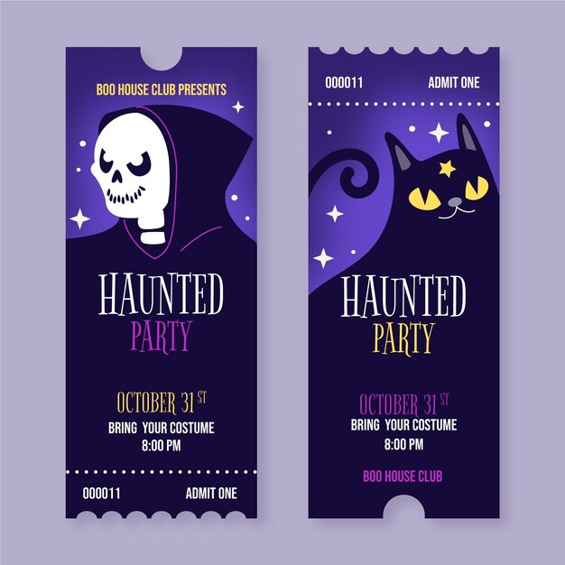 Hand getekende platte halloween tickets set