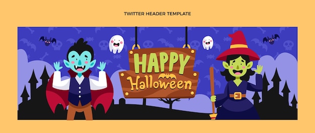 Gratis vector hand getekende platte halloween twitter voorbladsjabloon