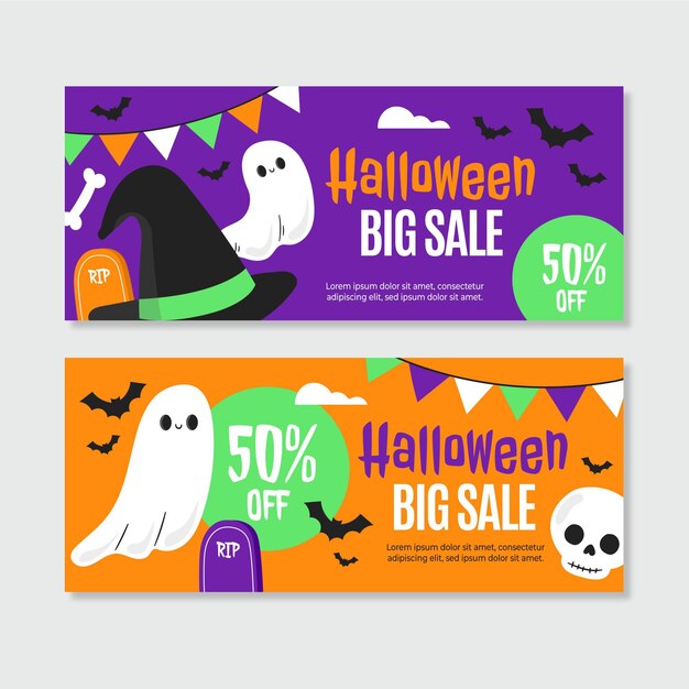 Hand getekende platte halloween verkoop banners set