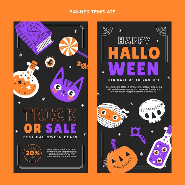 Hand getekende platte halloween verticale banners set