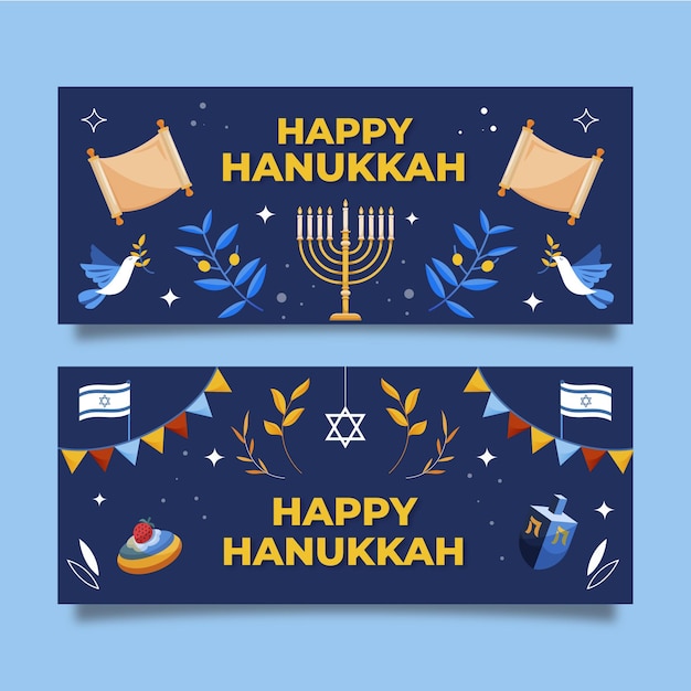 Gratis vector hand getekende platte hanukkah horizontale banners set