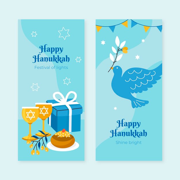 Hand getekende platte hanukkah verticale banners set