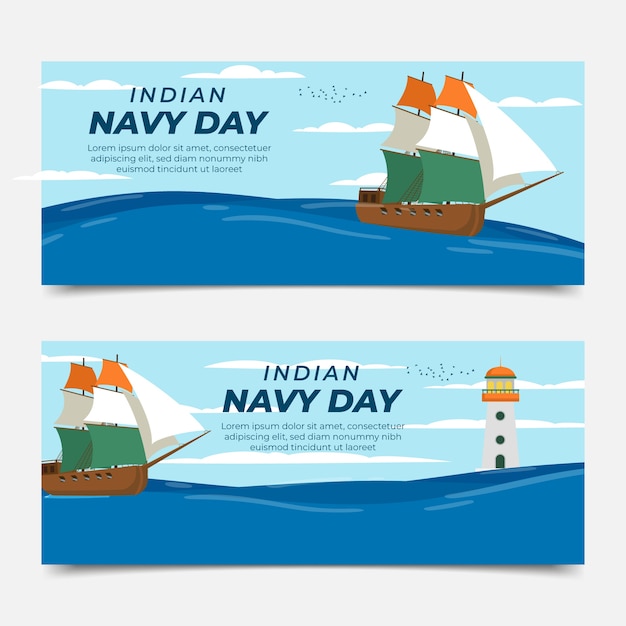 Gratis vector hand getekende platte indiase marine dag horizontale banners set