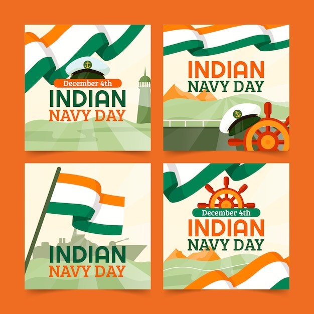 Gratis vector hand getekende platte indiase marine dag instagram berichten collectie