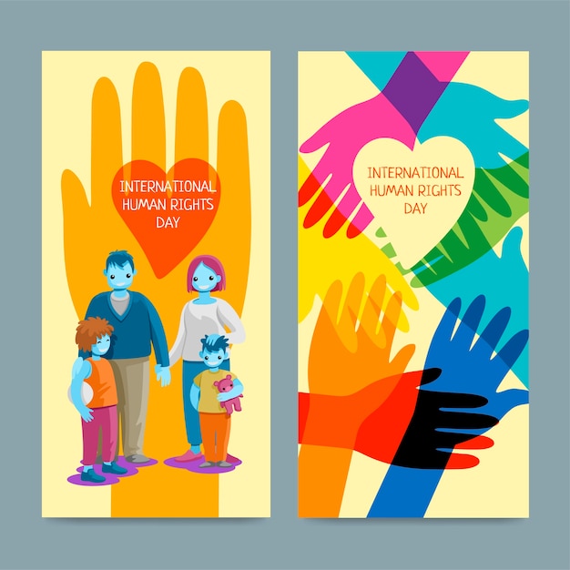 Hand getekende platte internationale dag van de mensenrechten verticale banners set