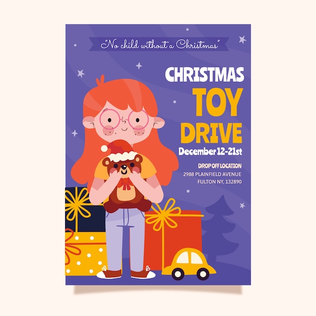 Gratis vector hand getekende platte kerst speelgoed rijden verticale poster sjabloon