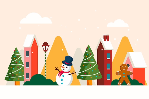 Hand getekende platte kerstdorp illustratie