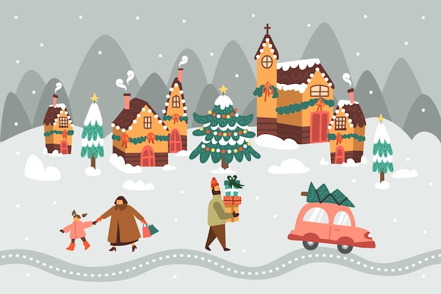 Hand getekende platte kerstdorp illustratie