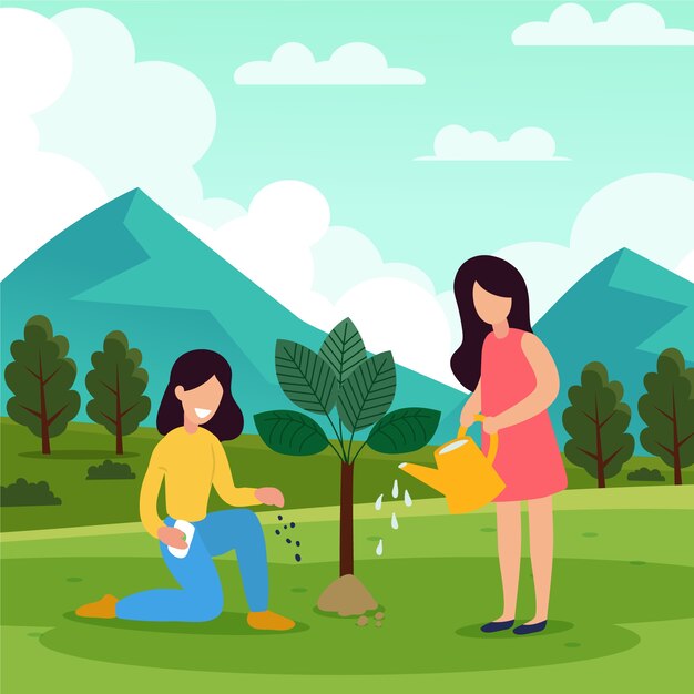 Hand getekende platte ontwerp boom planten illustratie