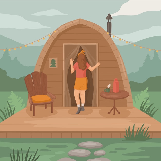 Hand getekende platte ontwerp glamping illustratie