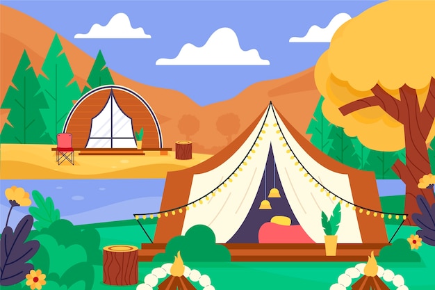 Hand getekende platte ontwerp glamping illustratie