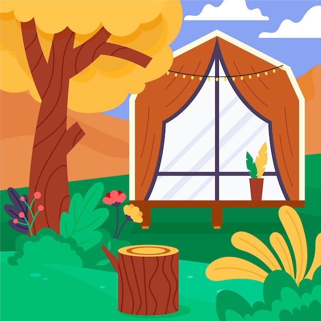 Hand getekende platte ontwerp glamping illustratie