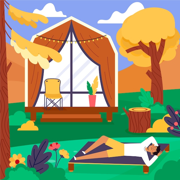 Hand getekende platte ontwerp glamping illustratie