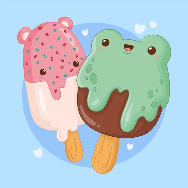 Hand getekende platte ontwerp kawaii voedingsmiddelen illustratie