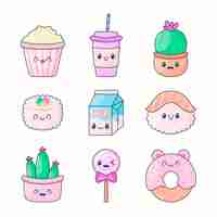 Gratis vector hand getekende platte ontwerp kawaii voedingsmiddelen set