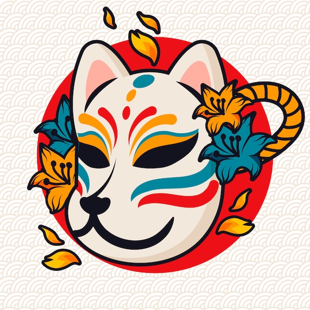 Hand getekende platte ontwerp kitsune masker illustratie