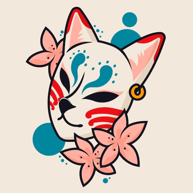 Hand getekende platte ontwerp kitsune masker illustratie