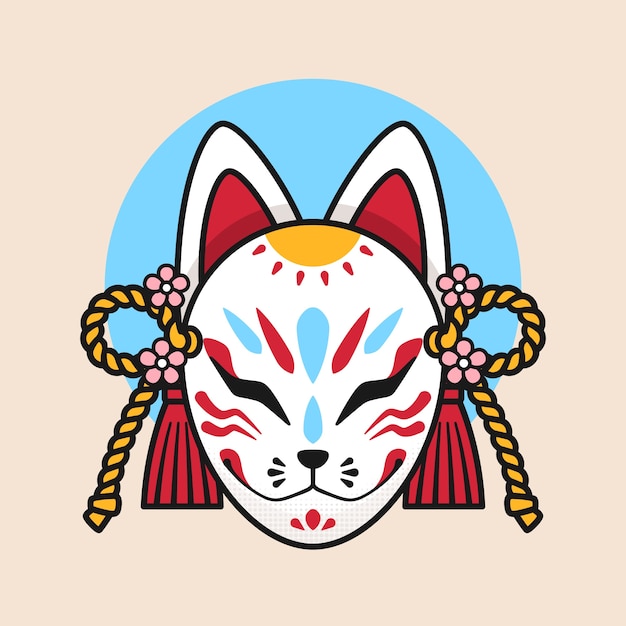 Hand getekende platte ontwerp kitsune masker illustratie