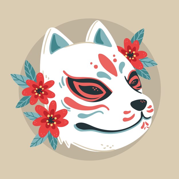 Hand getekende platte ontwerp kitsune masker illustratie