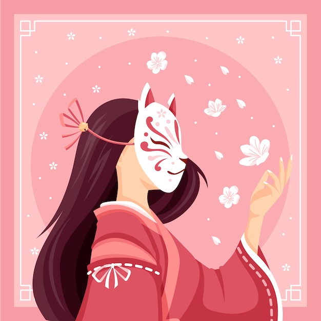 Hand getekende platte ontwerp kitsune masker illustratie