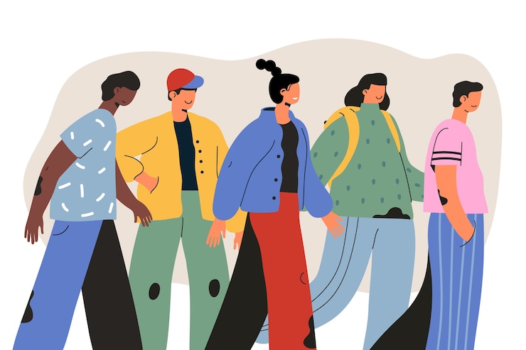Gratis Vector hand getekende platte ontwerp menigte van mensen lopen illustratie