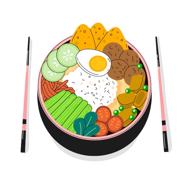 Hand getekende platte ontwerp poke bowl illustratie