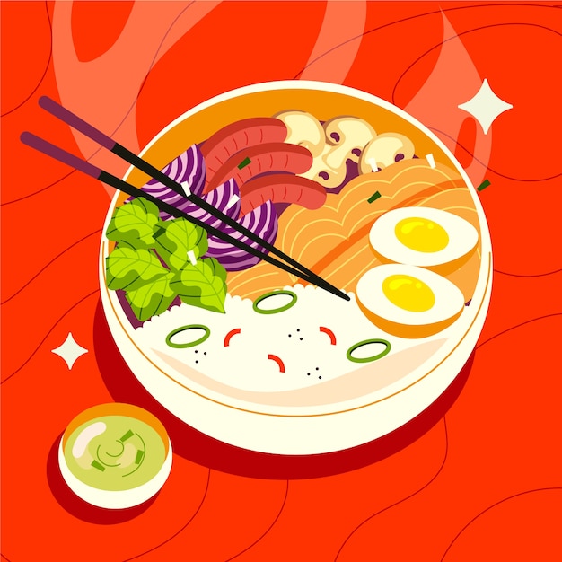 Hand getekende platte ontwerp poke bowl illustratie