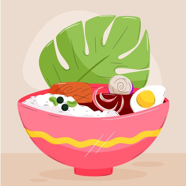 Hand getekende platte ontwerp poke bowl voedsel illustratie