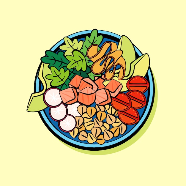 Hand getekende platte ontwerp poke bowl voedsel illustratie