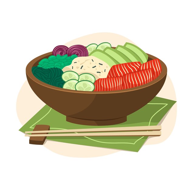 Hand getekende platte ontwerp poke bowl voedsel illustratie