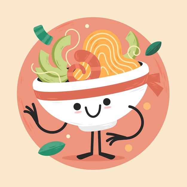 Hand getekende platte ontwerp poke bowl voedsel illustratie