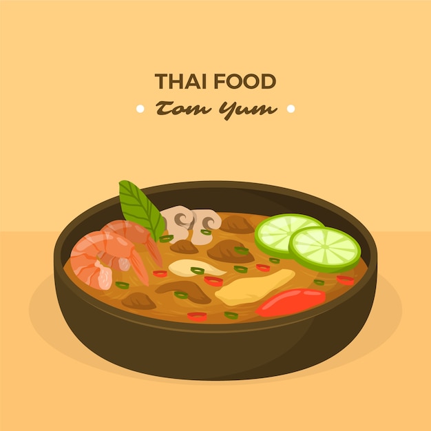 Hand getekende platte ontwerp Thais eten illustratie