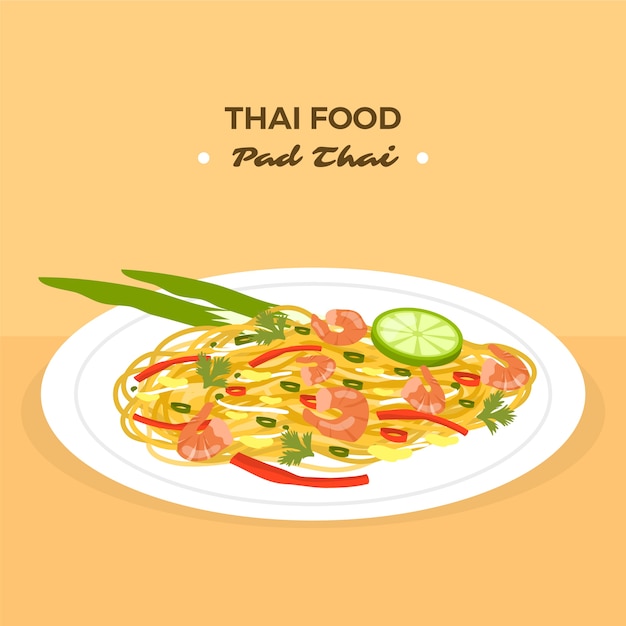 Hand getekende platte ontwerp Thais eten illustratie