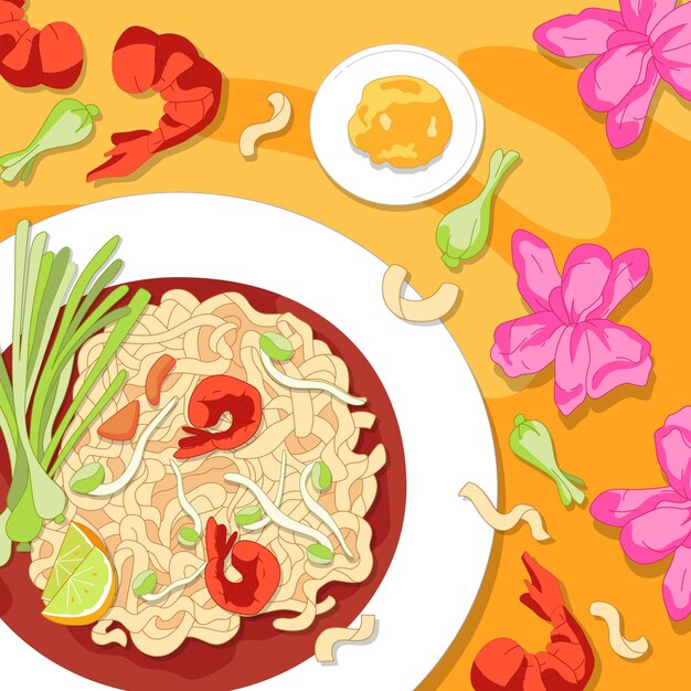 Hand getekende platte ontwerp Thais eten illustratie