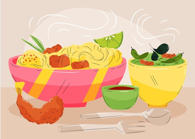 Hand getekende platte ontwerp Thais eten illustratie