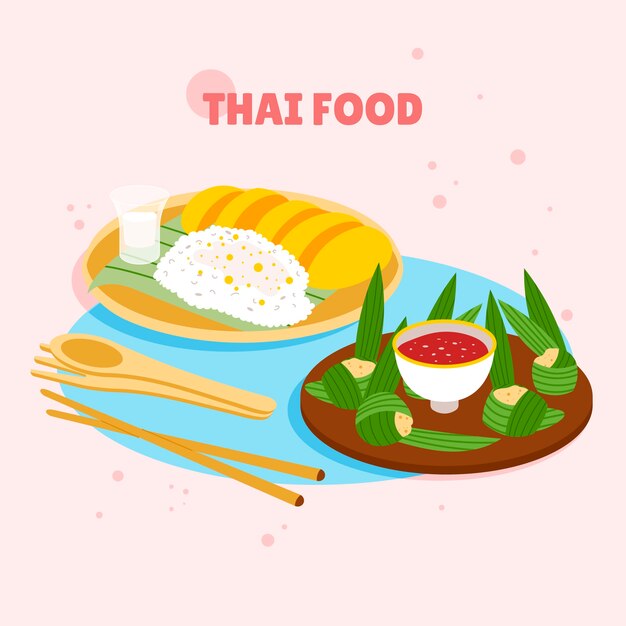 Hand getekende platte ontwerp Thais eten illustratie