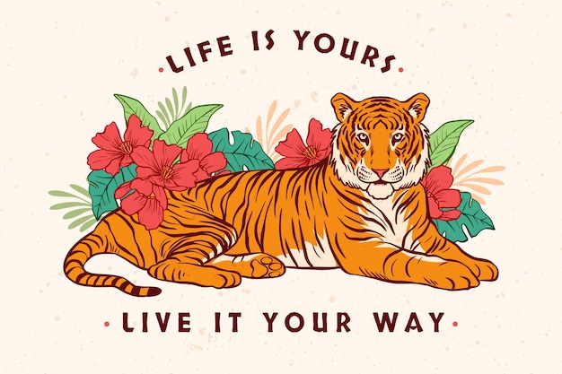 Hand getekende platte ontwerp tijger met belettering achtergrond
