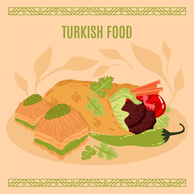 Hand getekende platte ontwerp turks eten illustratie
