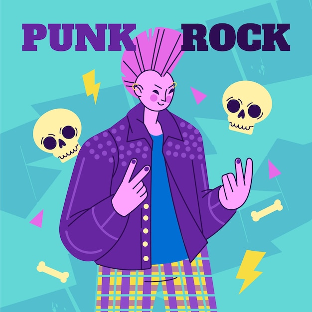 Gratis vector hand getekende platte punk rock illustratie