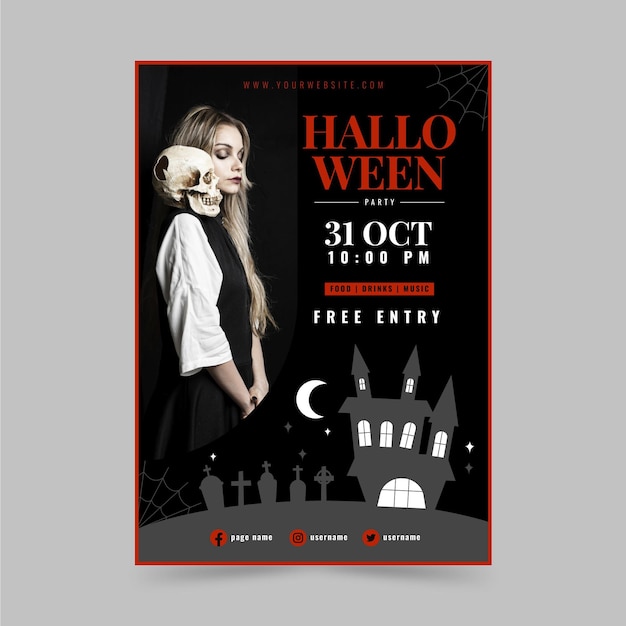 Gratis vector hand getekende platte verticale halloween-feest folder sjabloon met foto