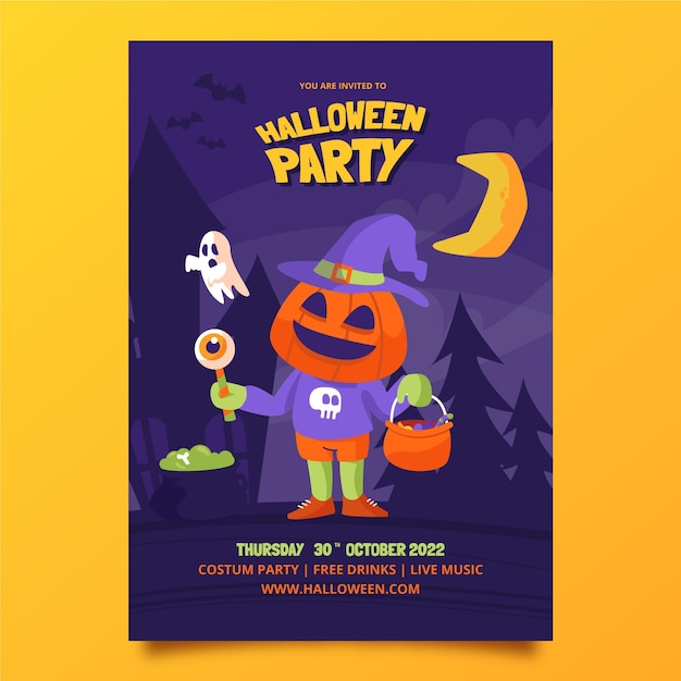 Hand getekende platte verticale halloween-feest folder sjabloon