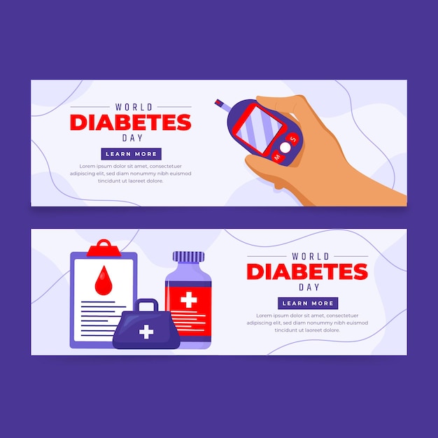 Gratis vector hand getekende platte wereld diabetes dag horizontale banners set