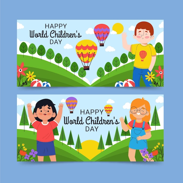 Hand getekende platte wereld kinderdag horizontale banners set